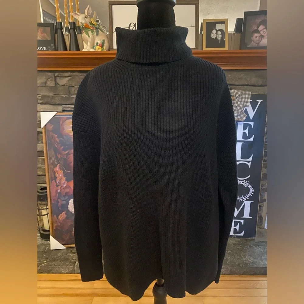J. Crew Oversized Black Ribbed Turtleneck Sweater Cashmere/Cotton